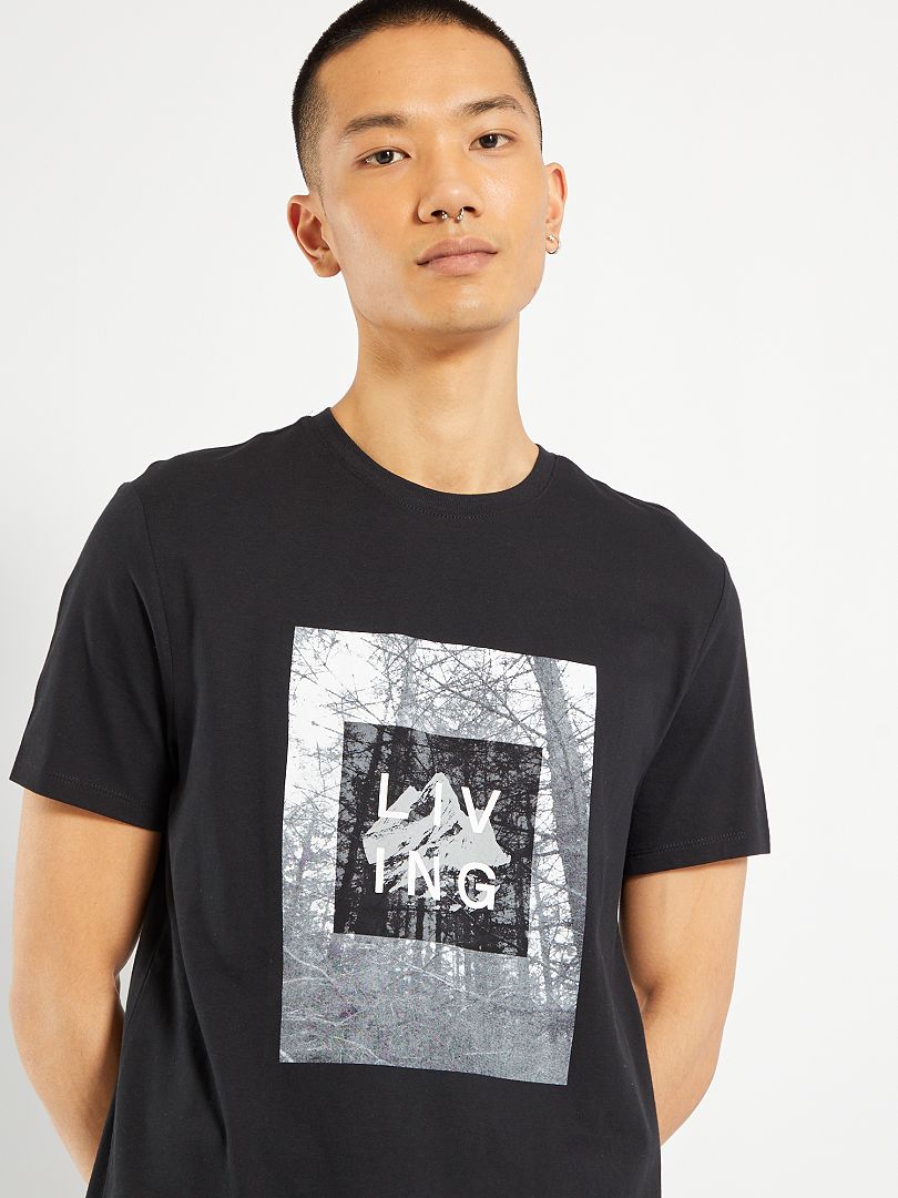 T-shirt imprimé pur coton noir living - Kiabi