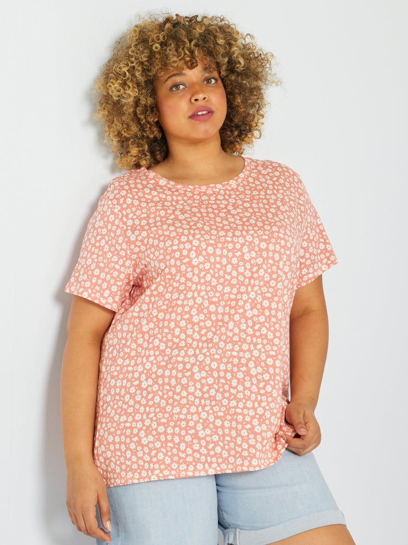 T-shirt imprimé saumon/fleurs - Kiabi