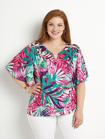 T-shirt imprimé tropical manches papillon