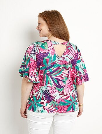 T-shirt imprimé tropical manches papillon
