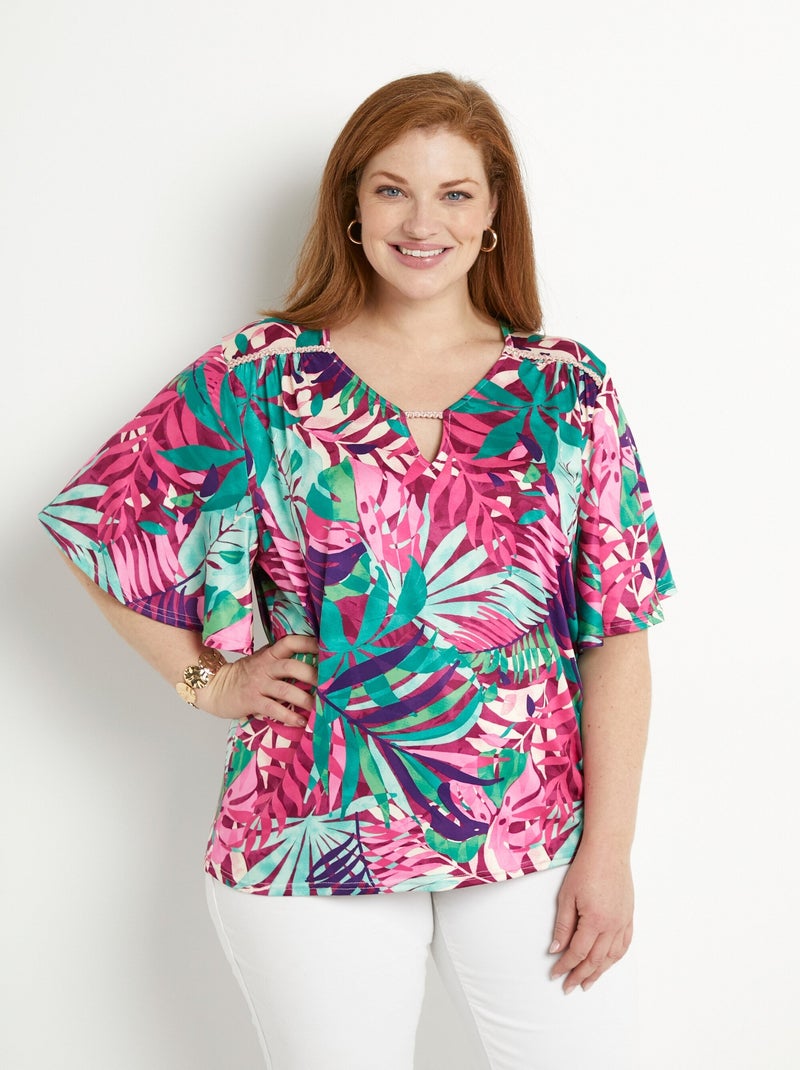 T-shirt imprimé tropical manches papillon Multicolore - Kiabi