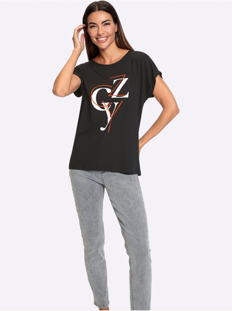 T-shirt Imprimé Viscose - Taille Standard - Helline Noir Ecru - Kiabi