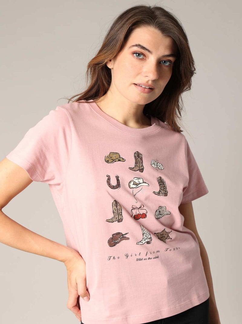 T-shirt imprimé western 100 % coton 'Deeluxe' Rose clair - Kiabi