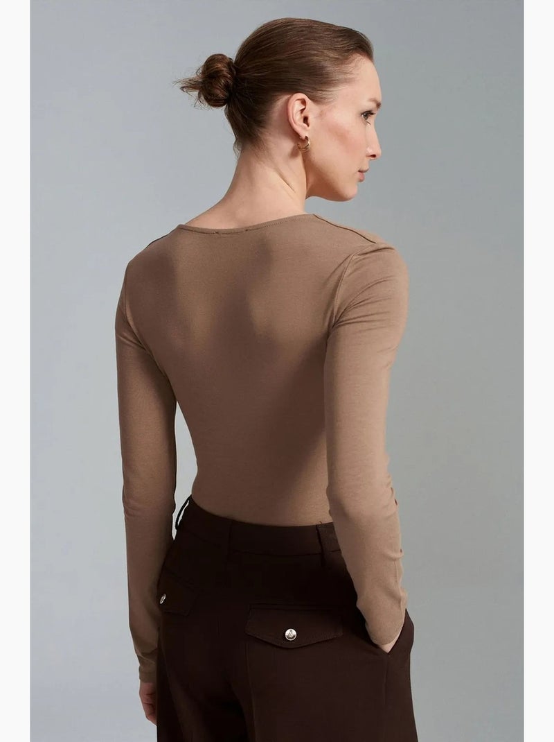 T-shirt jersey col v manches longues dilvin Camel - Kiabi