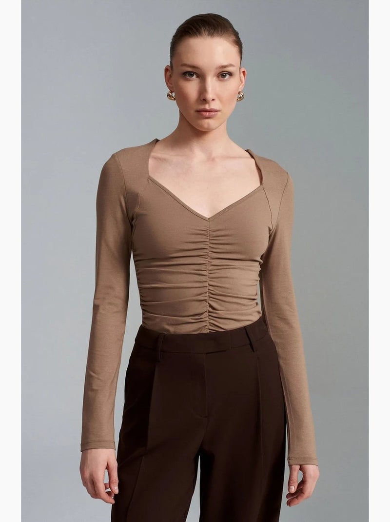 T-shirt jersey col v manches longues dilvin Camel - Kiabi