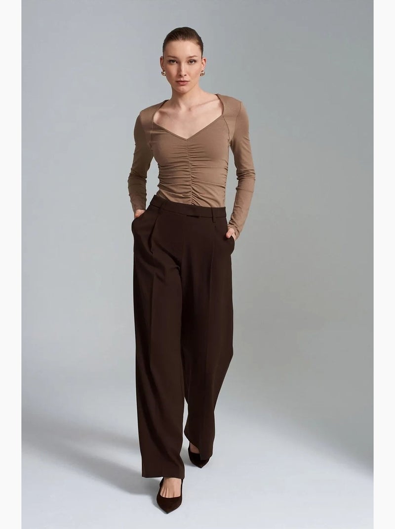 T-shirt jersey col v manches longues dilvin Camel - Kiabi