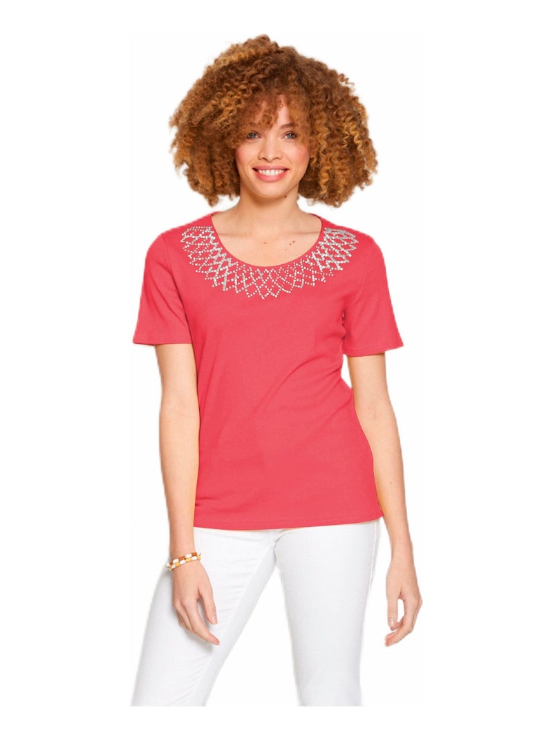 T-shirt jersey coton fantaisie cloutée Rose - Kiabi