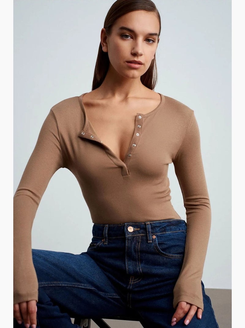 T-shirt jersey manches longues ajusté dilvin Camel - Kiabi