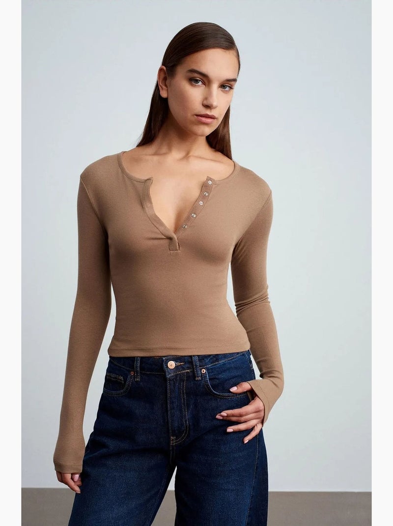 T-shirt jersey manches longues ajusté dilvin Camel - Kiabi