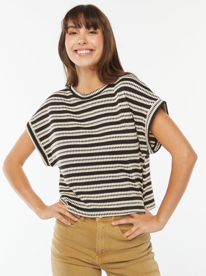 T-shirt large en maille fantaisie à manches courtes Noir - Kiabi