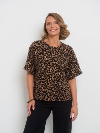 T-shirt léopard maille texturée col rond