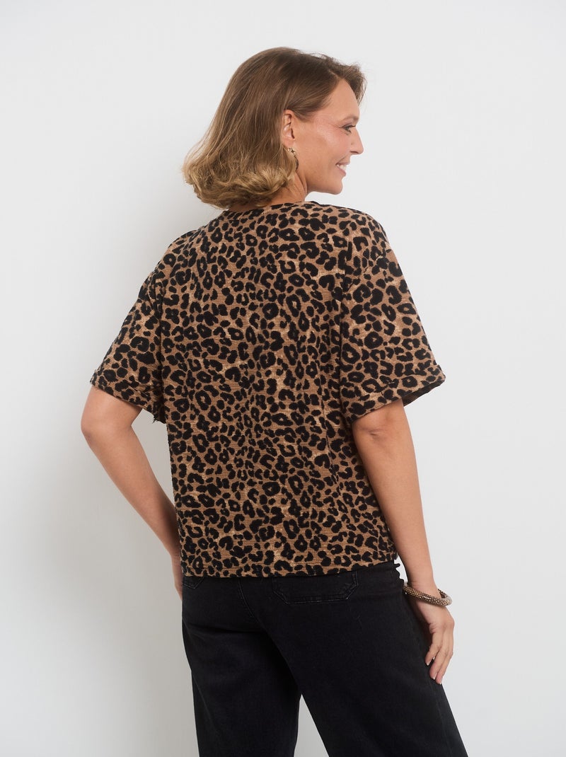 T-shirt léopard maille texturée col rond Marron - Kiabi
