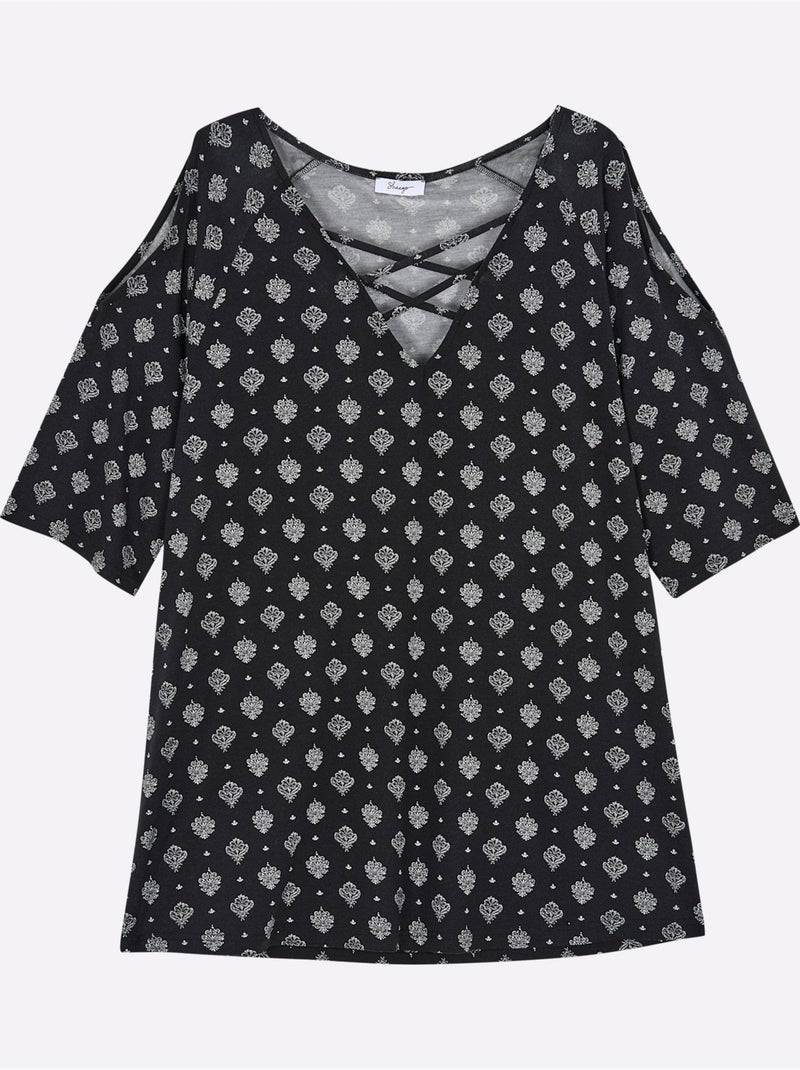 T-shirt Long - Taille Standard - Sheego Noir Ecru - Kiabi