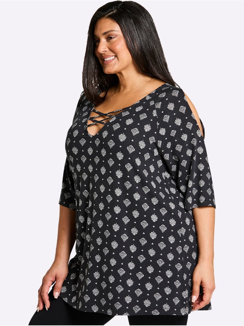 T-shirt Long - Taille Standard - Sheego Noir Ecru - Kiabi