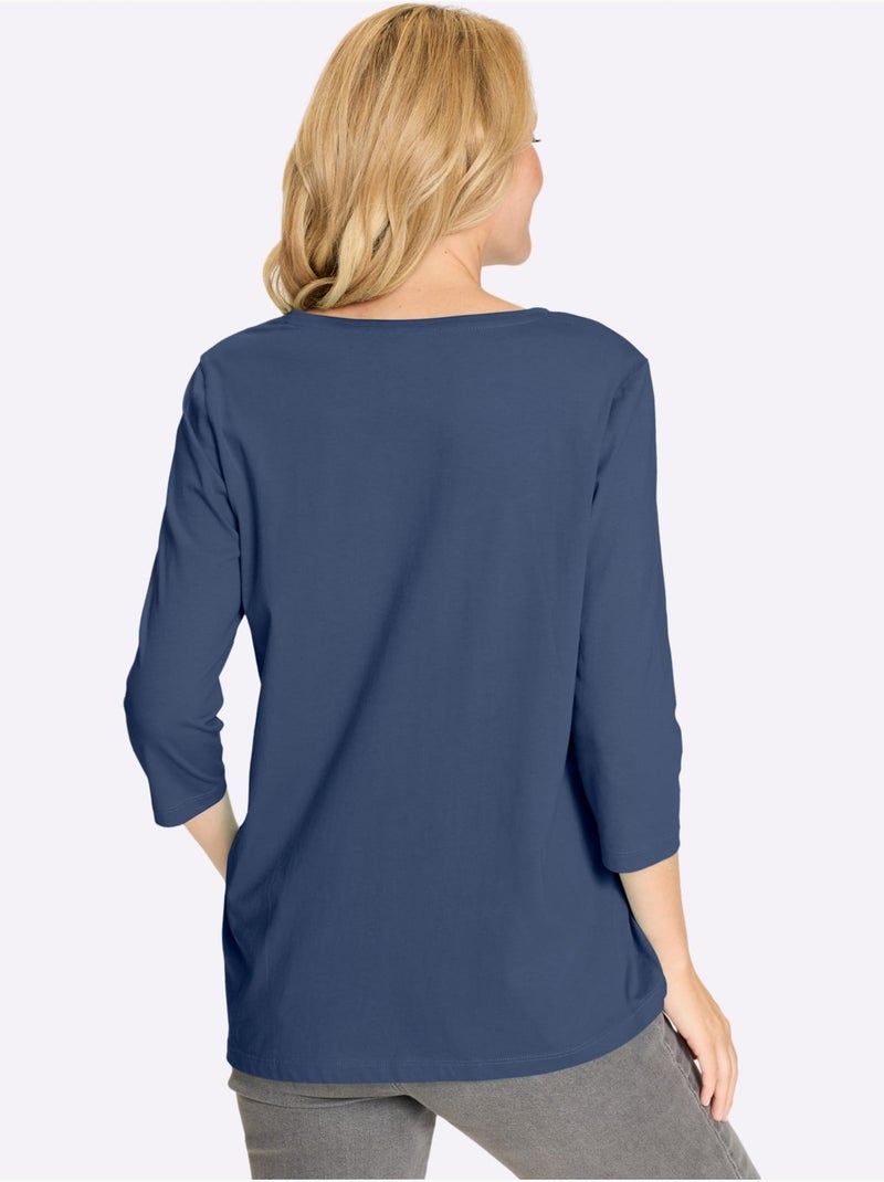 T-shirt long à col en v avec manches 3/4 et boutons - taille standard - moda vilona Bleu jean - Kiabi