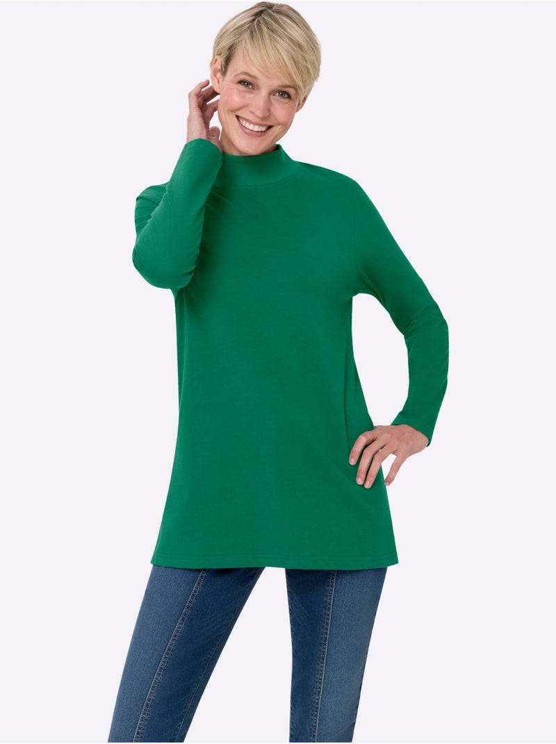 T-shirt long à col montant et manches longues avec fentes latérales - taille standard - moda vilona Vert - Kiabi