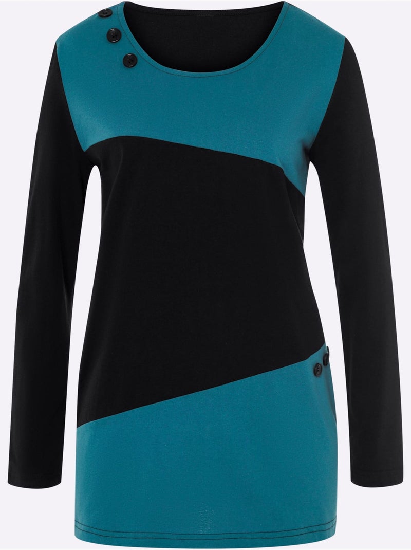 T-shirt long à col rond avec 3 boutons décoratifs et coupe évasée - taille standard - moda vilona Noir Bleu - Kiabi