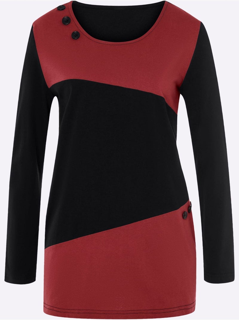 T-shirt long à col rond avec boutons décoratifs et coupe évasée - taille standard - moda vilona Noir Rouge - Kiabi