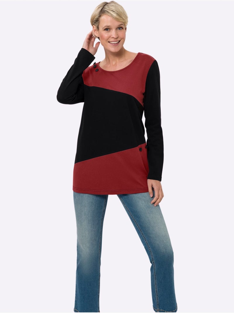 T-shirt long à col rond avec boutons décoratifs et coupe évasée - taille standard - moda vilona Noir Rouge - Kiabi