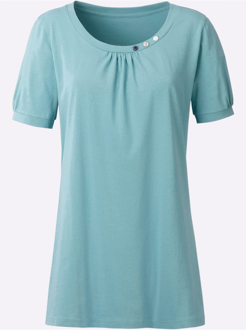 T-shirt long à col rond avec boutons et manches courtes - Taille standard - Moda Vilona Bleu encre - Kiabi