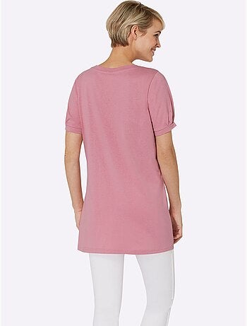 T-shirt long avec col rond et manches courtes à boutons décoratifs - Taille standard - Moda Vilona