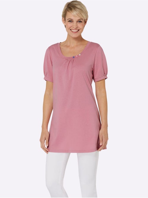 T-shirt long à col rond avec boutons et manches courtes - Taille standard - Moda Vilona - Kiabi