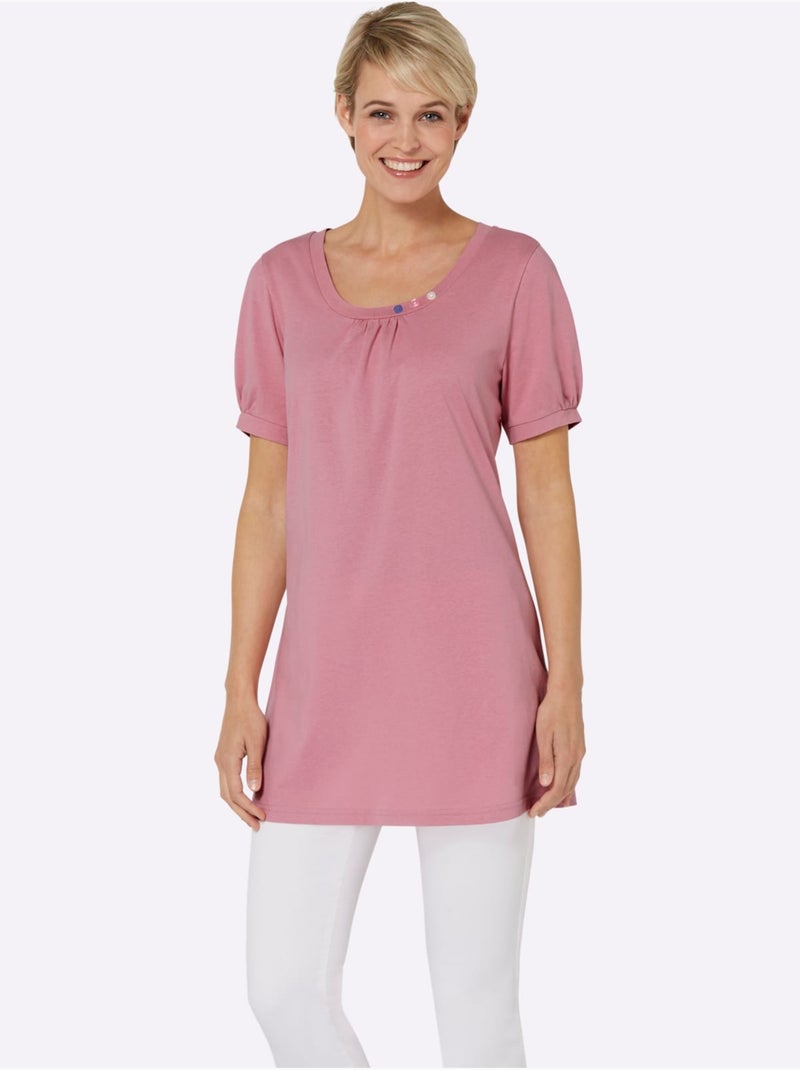 T-shirt long à col rond avec boutons et manches courtes - Taille standard - Moda Vilona Rose - Kiabi