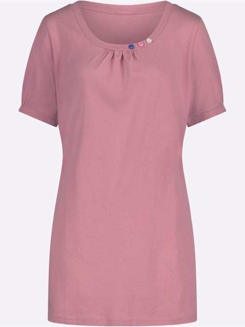 T-shirt long à col rond avec boutons et manches courtes - Taille standard - Moda Vilona - Kiabi