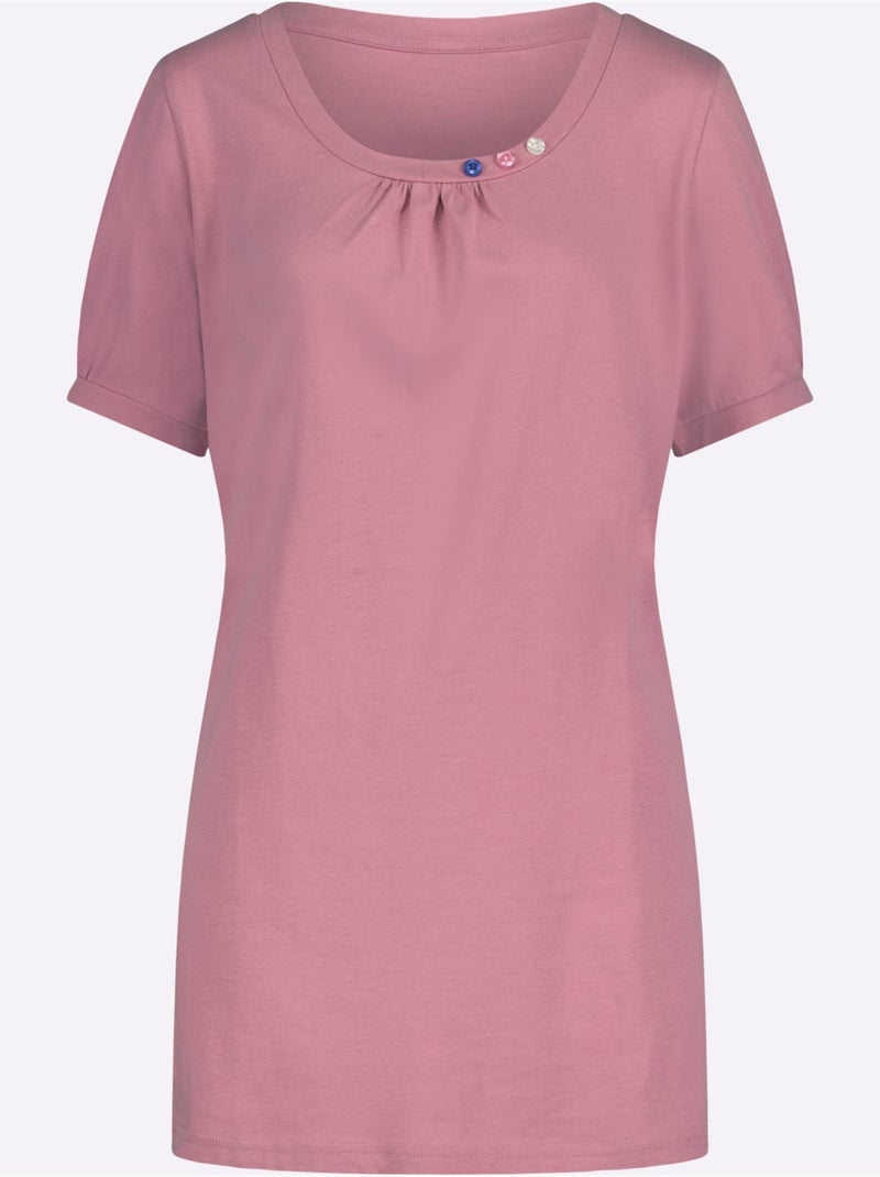 T-shirt long à col rond avec boutons et manches courtes - Taille standard - Moda Vilona Rose - Kiabi