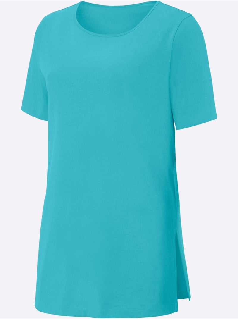 T-shirt long à col rond avec fentes latérales discrètes - Taille standard - Moda Vilona Turquoise - Kiabi