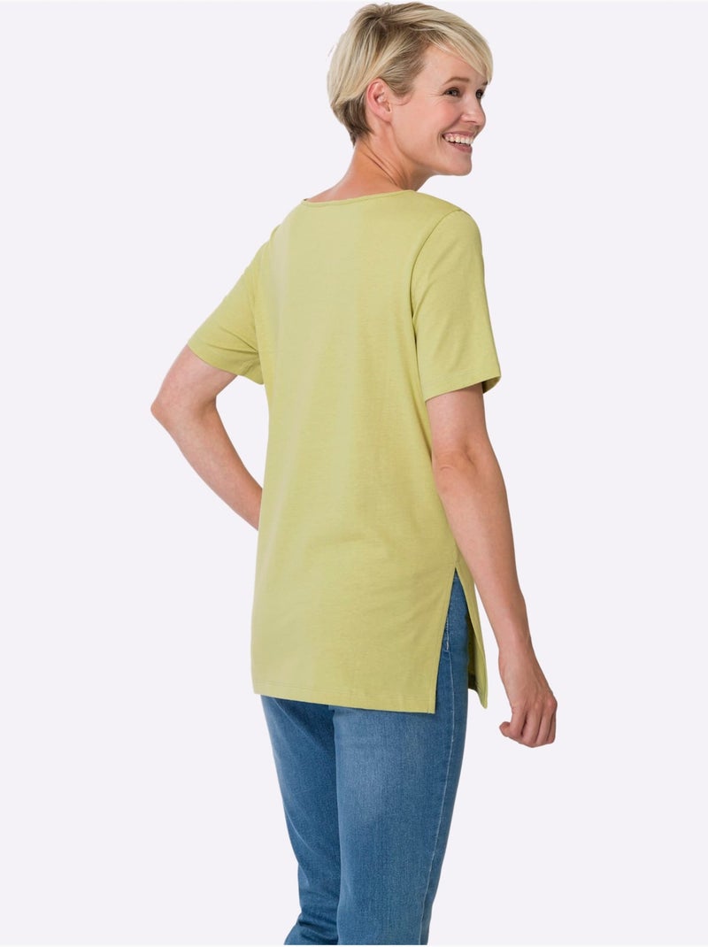 T-shirt long à col rond avec fentes latérales élégantes - Taille standard - Moda Vilona Vert tilleul - Kiabi