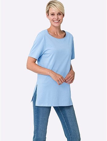 T-shirt long à col rond et manches courtes avec fentes latérales - Taille standard - Moda Vilona