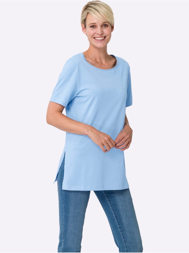 T-shirt long à col rond avec fentes latérales et manches courtes - Taille standard - Moda Vilona Bleu ciel - Kiabi
