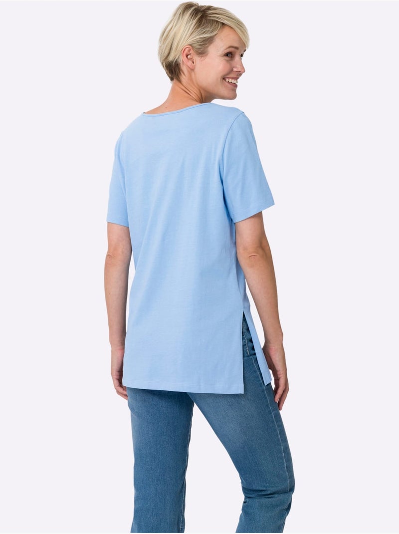 T-shirt long à col rond avec fentes latérales et manches courtes - Taille standard - Moda Vilona Bleu ciel - Kiabi