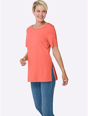 T-shirt long à col rond et manches courtes avec fentes latérales - Taille standard - Moda Vilona