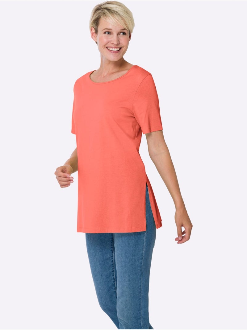 T-shirt long à col rond avec fentes latérales et manches courtes - Taille standard - Moda Vilona Corail - Kiabi