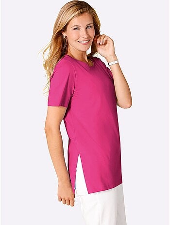T-shirt long à col rond et manches courtes avec fentes latérales - Taille standard - Moda Vilona