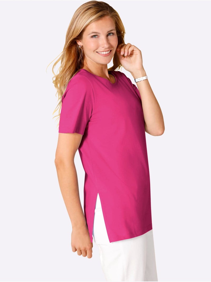 T-shirt long à col rond avec fentes latérales et manches courtes - Taille standard - Moda Vilona Rose fushia - Kiabi