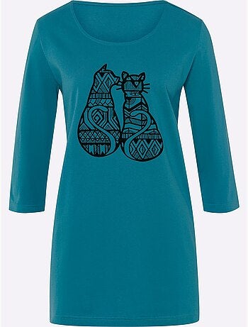 T-shirt long avec imprimé chats et encolure ronde - Taille standard - Moda Vilona