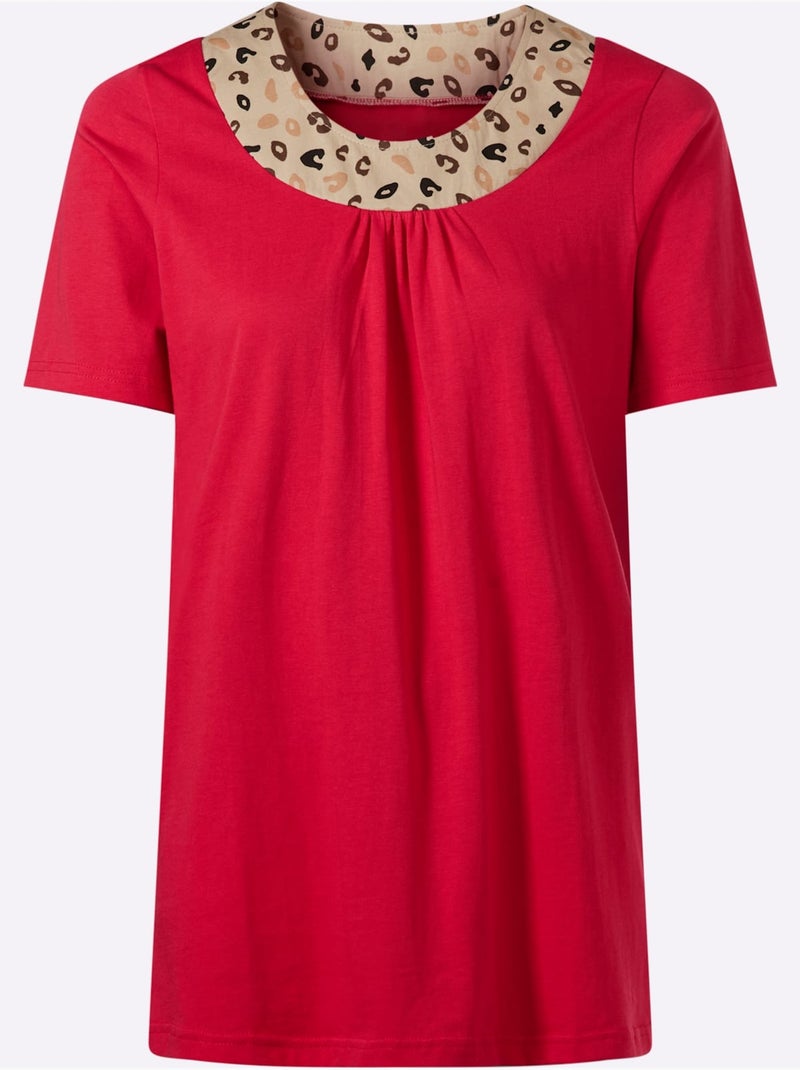 T-shirt long à col rond avec motif léopard et fronces raffinées - Taille standard - Moda Vilona Rouge - Kiabi
