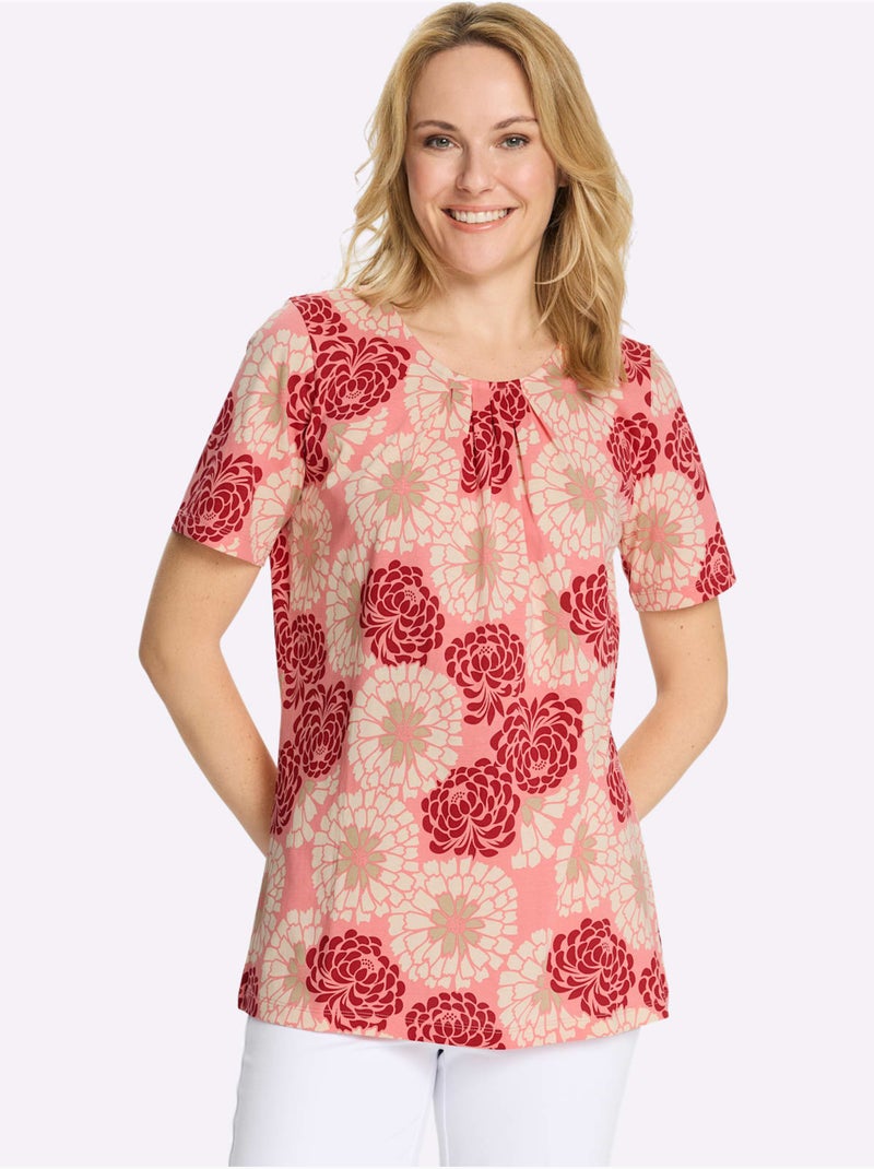 T-shirt long à col rond avec motifs floraux et plis - Taille standard - Moda Vilona Cerise - Kiabi