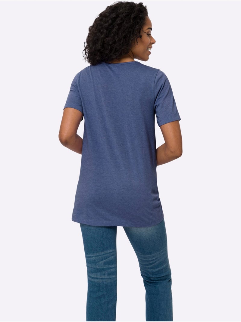 T-shirt long à col rond avec patte de boutonnage et manches courtes - Taille standard - Moda Vilona Bleu roi - Kiabi