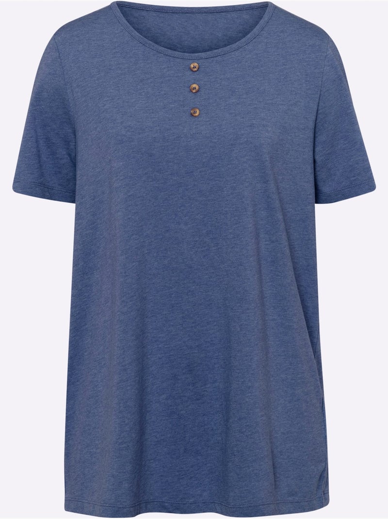 T-shirt long à col rond avec patte de boutonnage et manches courtes - Taille standard - Moda Vilona Bleu roi - Kiabi
