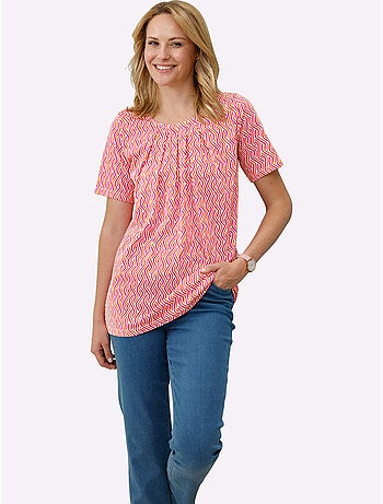 T-shirt long à col rond avec plis creux et manches courtes - taille standard - moda vilona