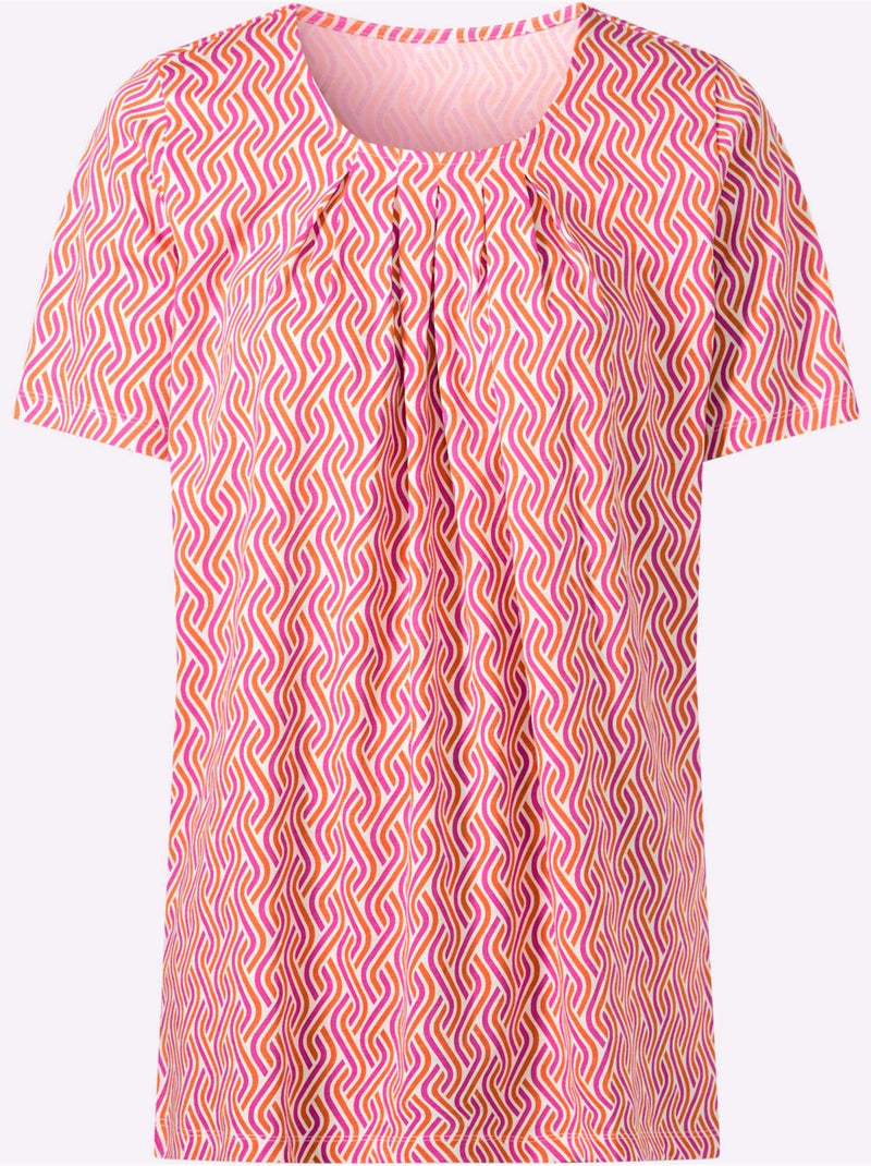 T-shirt long à col rond avec plis et manches courtes - Taille standard - Moda Vilona Rose fushia - Kiabi