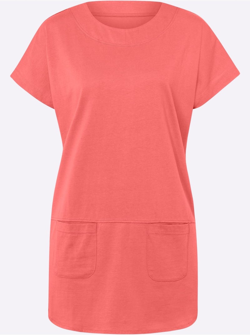 T-shirt long à col rond avec poches et fentes latérales - Taille standard - Moda Vilona Corail - Kiabi