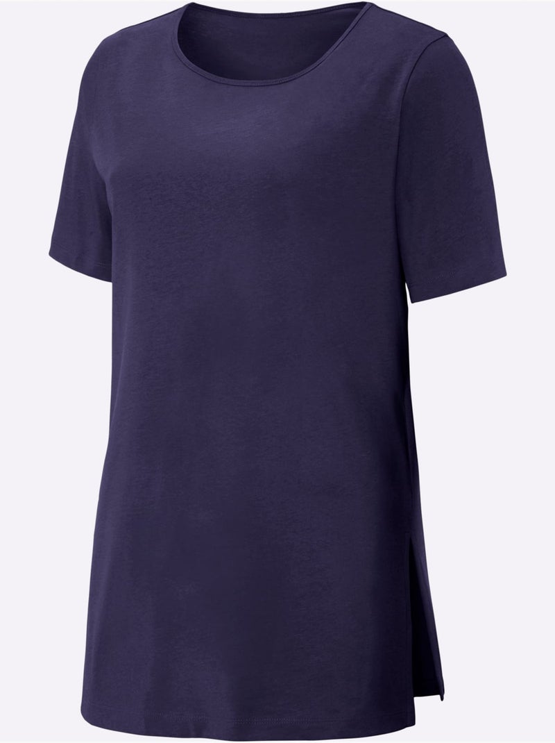 T-shirt long à col rond et manches courtes avec fentes latérales - Taille standard - Moda Vilona Bleu marine - Kiabi