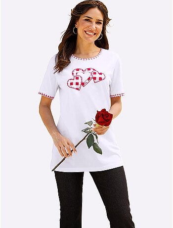 T-shirt long à col rond et manches courtes avec motif cœurs - Taille standard - Moda Vilona