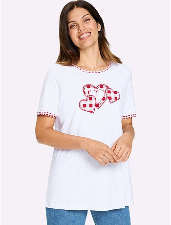 T-shirt long à col rond et manches courtes avec motif cœurs - Taille standard - Moda Vilona