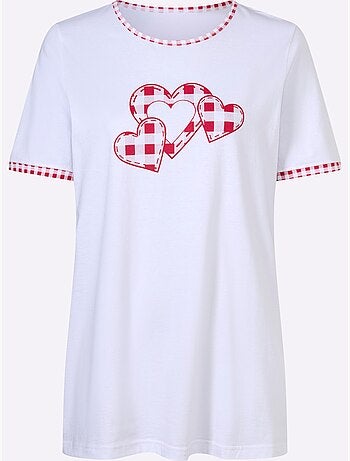 T-shirt long à col rond et manches courtes avec motif cœurs - Taille standard - Moda Vilona